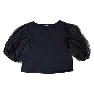 Honey Pot Boutique Sheer Puff Sleeve Basic Black Cropped Top Size Medium